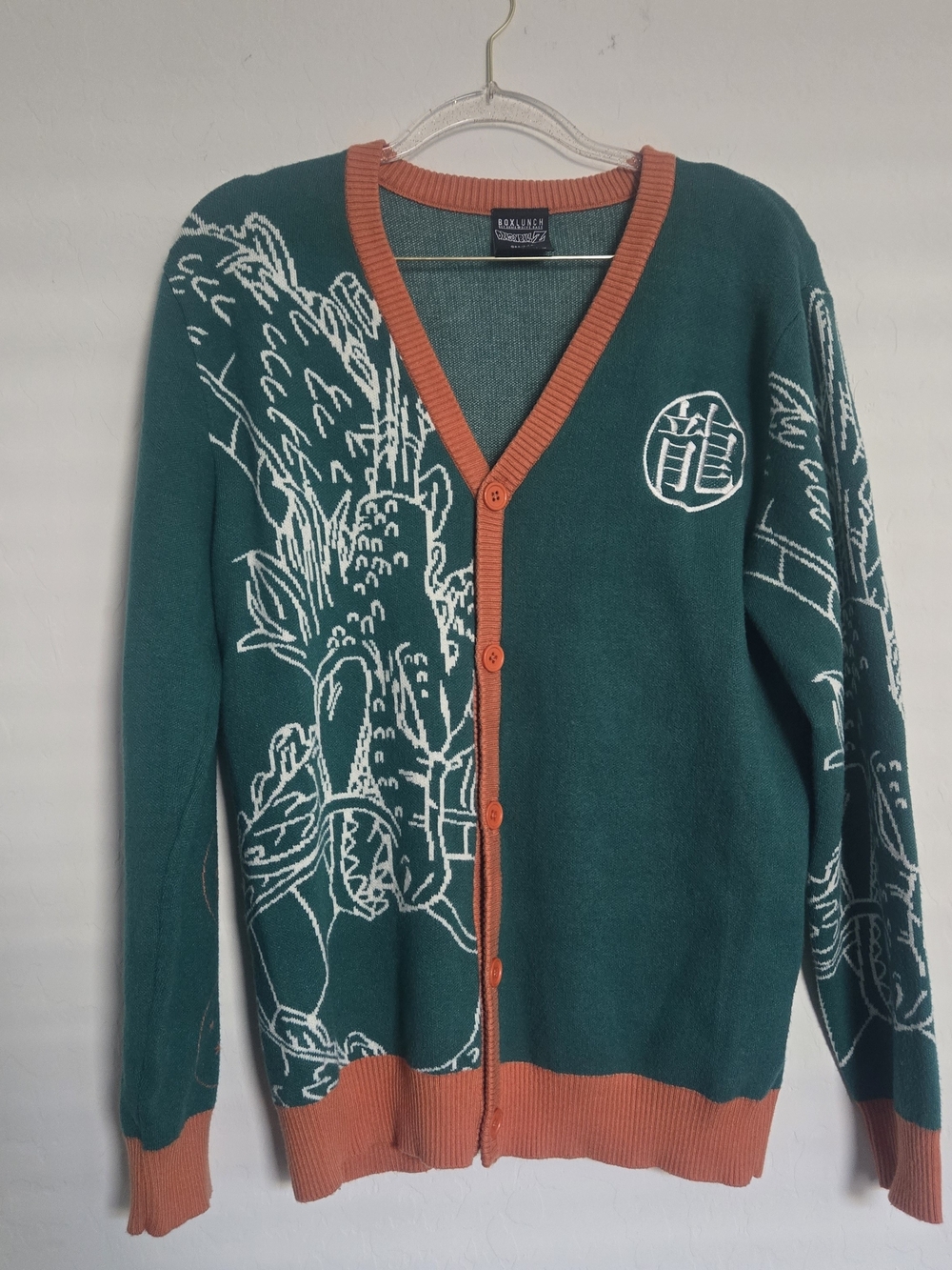 BoxLunch Dragon Ball Z Shenron Cardigan Sweater Mens Small Green Orange Anime